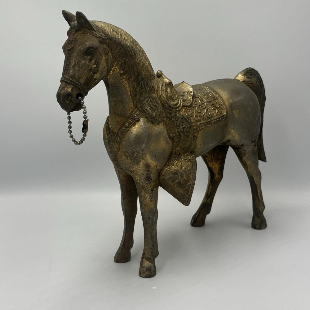 Vintage Brass Cast Metal Horse Figurine Statue Ornate Saddle Gold Tone Decor